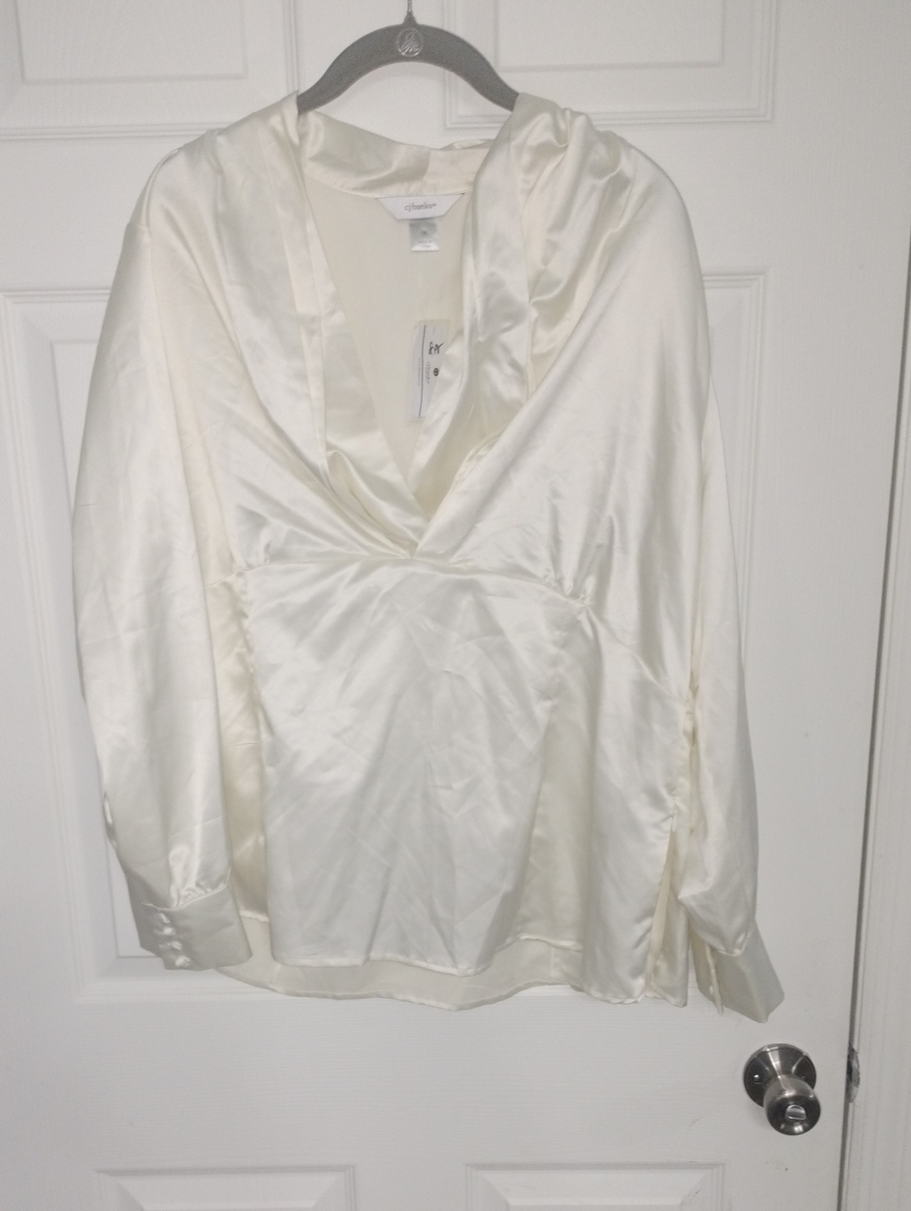 CJ Banks Satin V-Neck Top in Ivory
